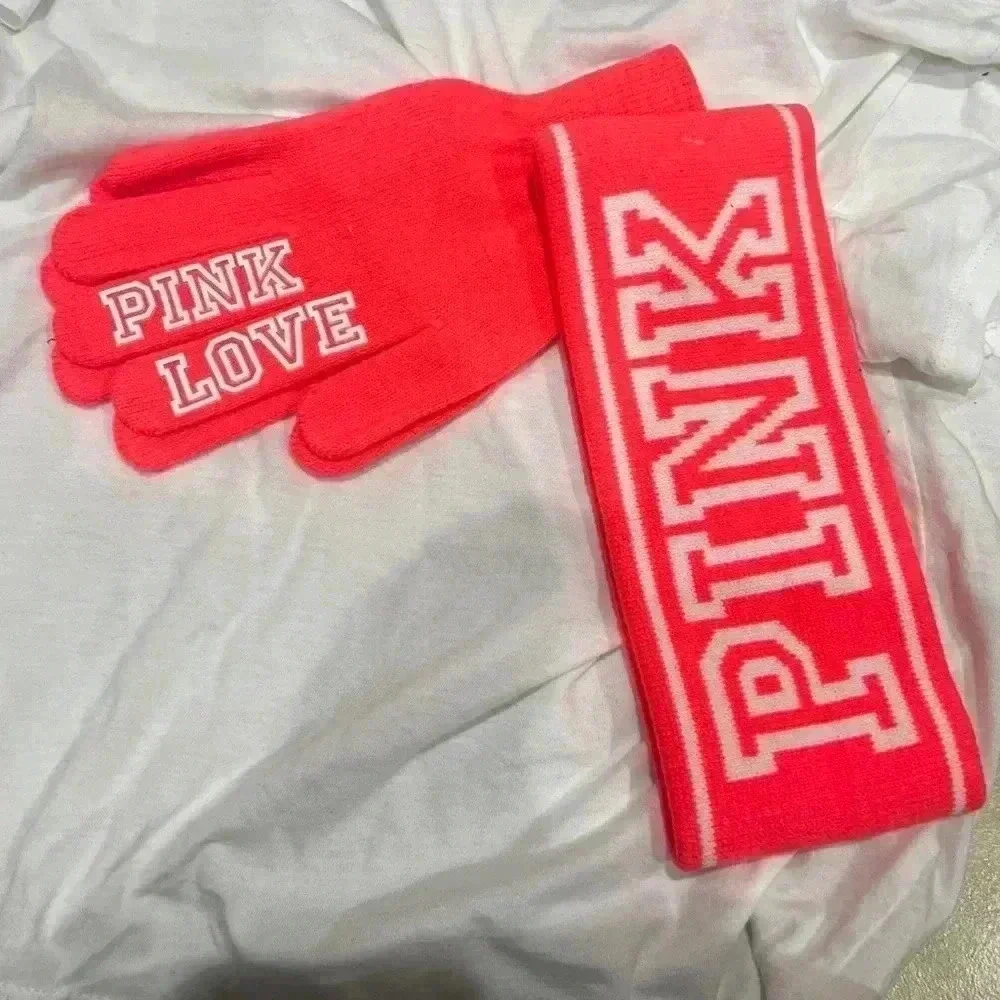 Victoria's Secret Pink Knit Headband and Gloves Set Neon Coral Pink Logo